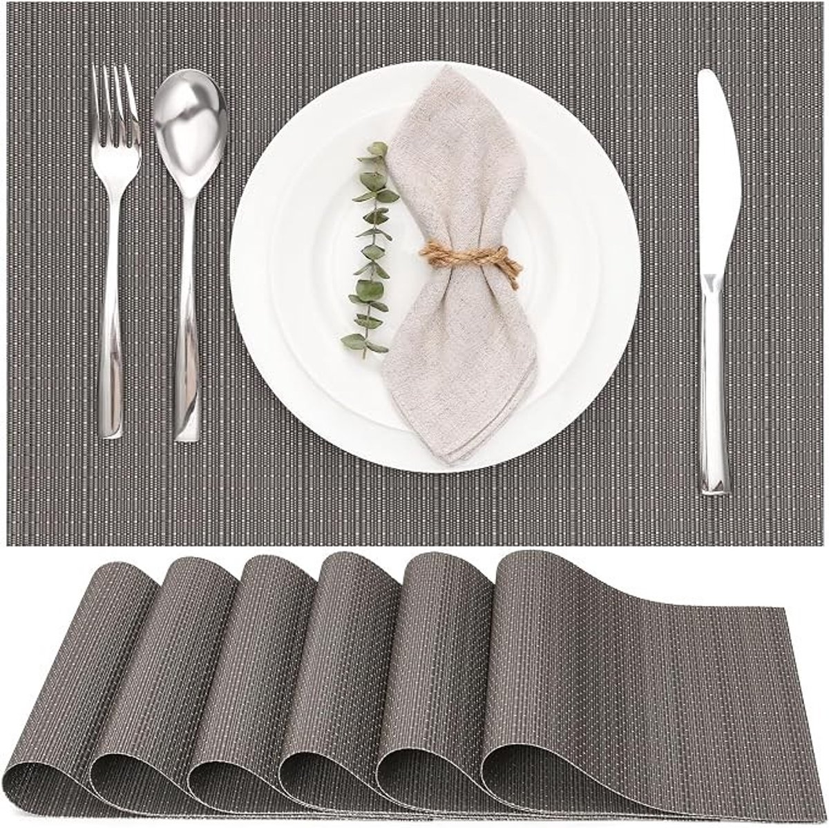 Livatto Placemats Set van 6 – Geweven Vinyl Placemats, Wasbaar en Hittebestendig, Grijsbruin