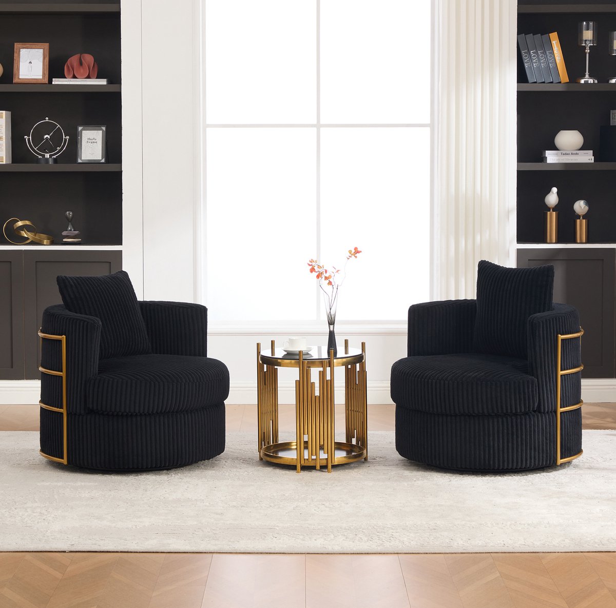 REDOM Set van 2 fauteuils - 360 graden draaibaar - Opbergruimte onder zitting - Corduroy bekleding - Met armleuningen - Zwart - 76 x 79 x 78 cm