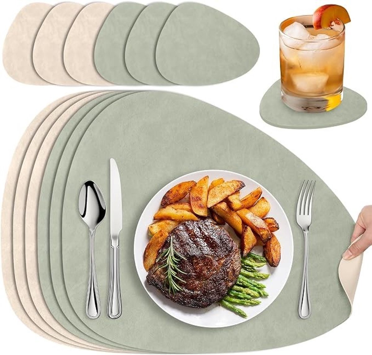 Livatto Set van 6 placemats – afwasbaar, antislip, dubbelzijdig, lichtgroen & beige, 33 x 41 cm
