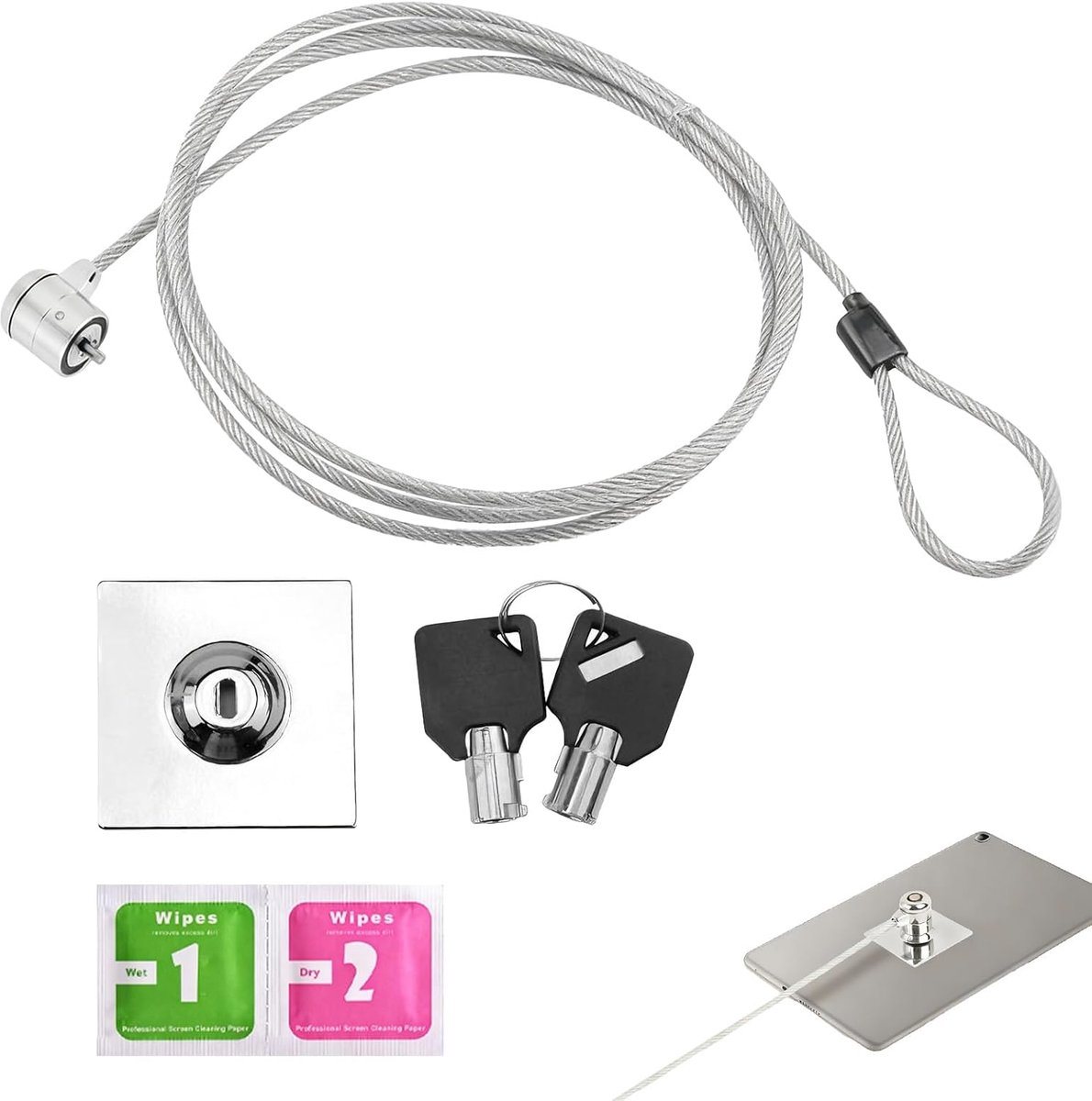 Kabelslot met sleutel voor laptop, tablet, smartphone, diefstalbeveiligingskabel voor laptop van roestvrij staal met 2 sleutels, maximale veiligheid voor je elektronische apparaten