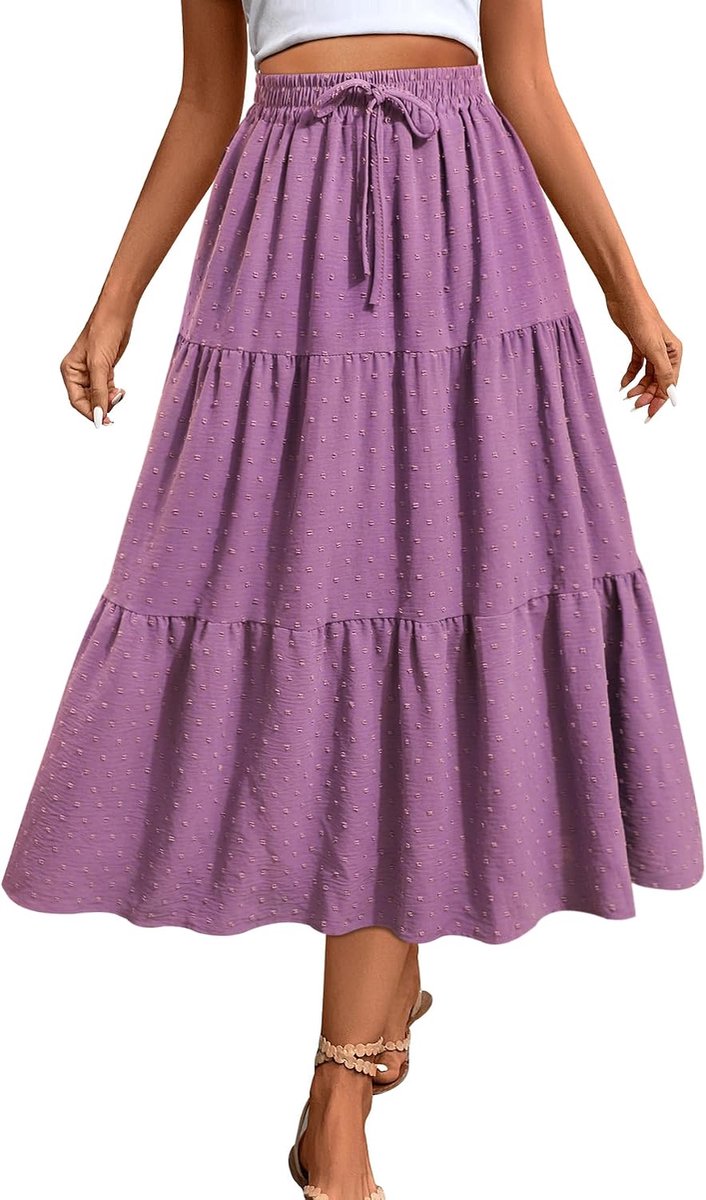 Lange damesrok met elastische hoge taille, vloeiende maxi-rok, Zwitserse stippen, casual boho-rokken met zakken en trekkoord