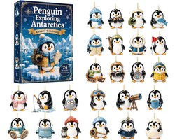 Pinguïn Antarctica Expeditie Kerst Adventskalender 2026- 24 stuks 2D platte acryl kerstornamenten met schattige pinguïns in avontuurlijke outfit- kerst aftelkalender- winter kerstcadeau voor dierenliefhebbers