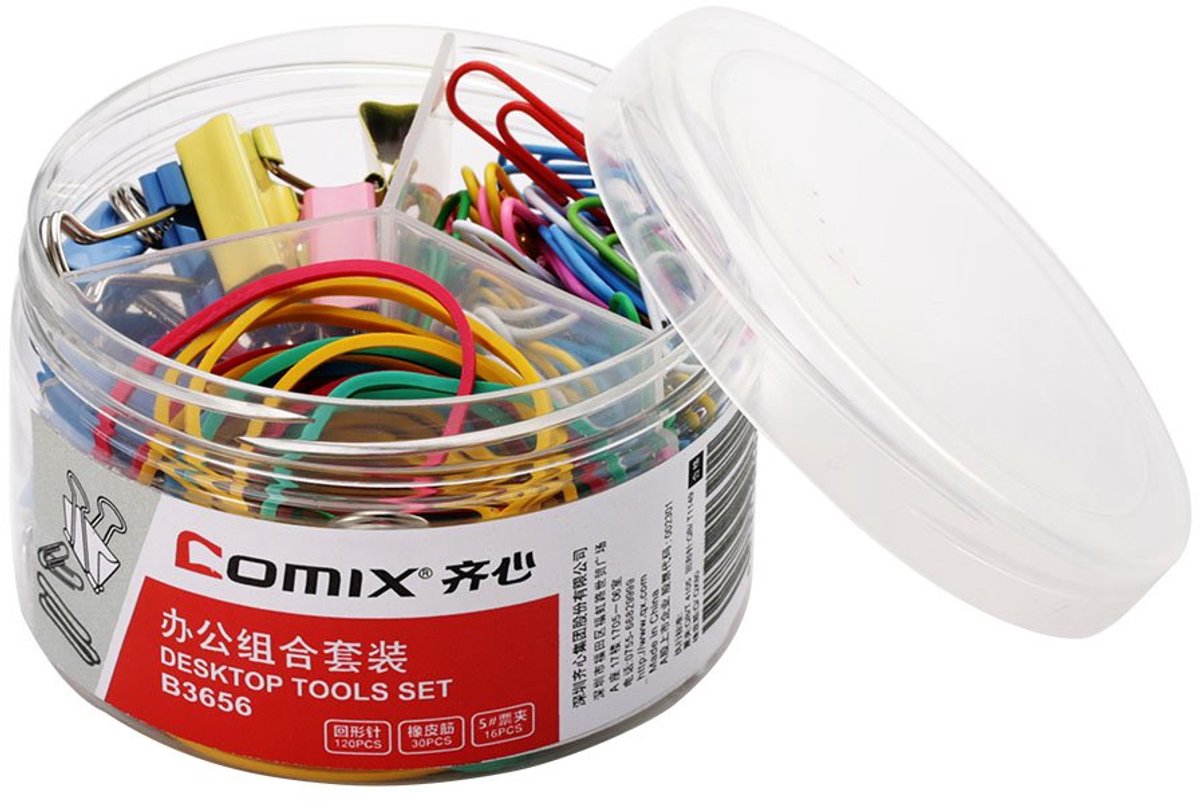 Comix set binderclips, paperclips, punaises en elastiekjes