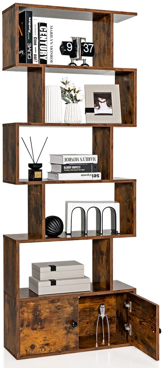 Costway Boekenkast met deuren, staand rek met 5 niveaus, ruimteverdeler, van hout, opbergrek voor woonkamer, slaapkamer, 183 x 70 x 23 cm (bruin) ‎Geel