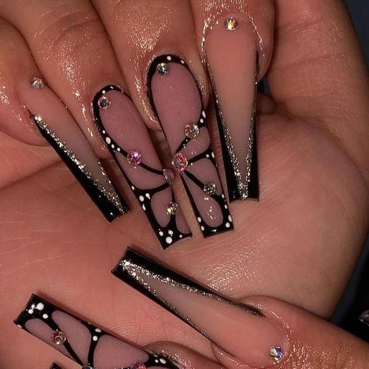 24 stuks nagels om op te plakken, lang doodskist, zwarte vlinder press-on nagels, ballerina, kunstnagels om op te plakken met strass, natuurlijke kunstnagels, acryl, valse nagels voor vrouwen