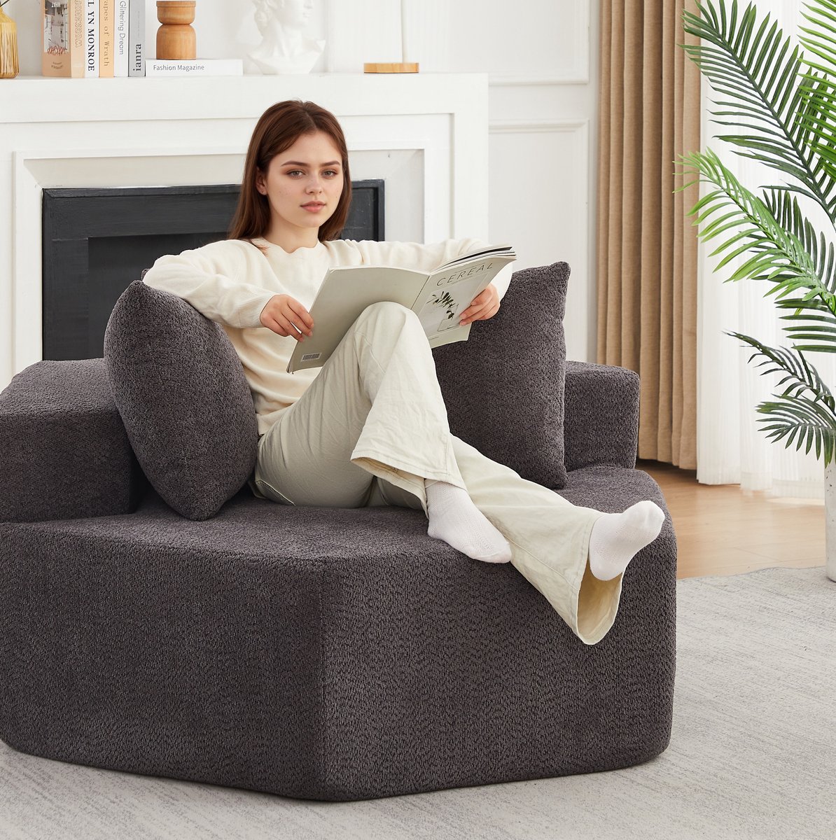 REDOM Modulaire fauteuil - Zeshoekig ontwerp - Drie kussens - Antislip onderzijde - Moderne stijl - Chenille - Grijs - 122 x 138 x 76 cm