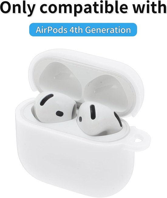 Hoes voor AirPod 4, siliconen beschermhoes voor AirPod 4, stootvaste hoes voor AirPod 4e generatie met karabijnhaak, front-led, zichtbaar, wit — afbeelding 2