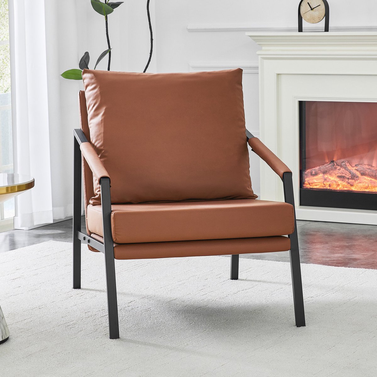 DESMIU Fauteuil - Gevoerde Kunstleren Zitting Met Metalen Frame - Voor Woonkamer, Slaapkamer En Kantoor - 67x67x80 Cm - Bruin Zwart