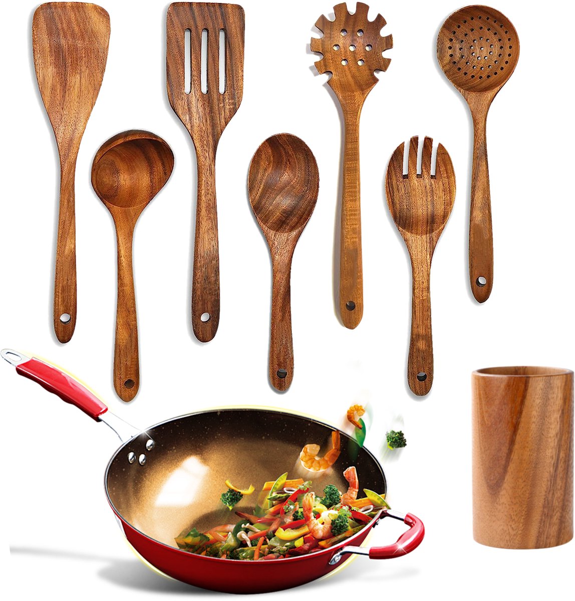 CHICFURN 7-delige Houten Keukengerei Set voor Dagelijks Koken, Bruin Houten Kookgerei met Afgeronde Randen, Ophanggaten en Gladde Afwerking, Geschikt voor Antiaanbakpannen, Inclusief Keukenaccessoires
