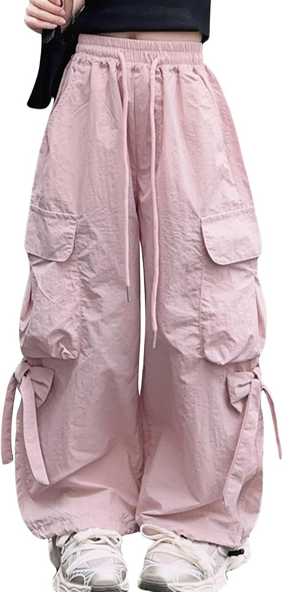 Cargobroek met wijde pijpen, baggy cargobroek met elastische taille en meerdere zakken, ademend, licht, vrijetijdsbroek voor kinderen, meisjes van 5 tot 14 jaar