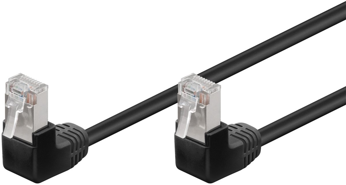 Image of Goobay CAT 5e netwerkkabel 5 m zwart, F/UTP met CCA-geleider, 2x RJ45-stekkers 90° haaks voor kleine ruimtes