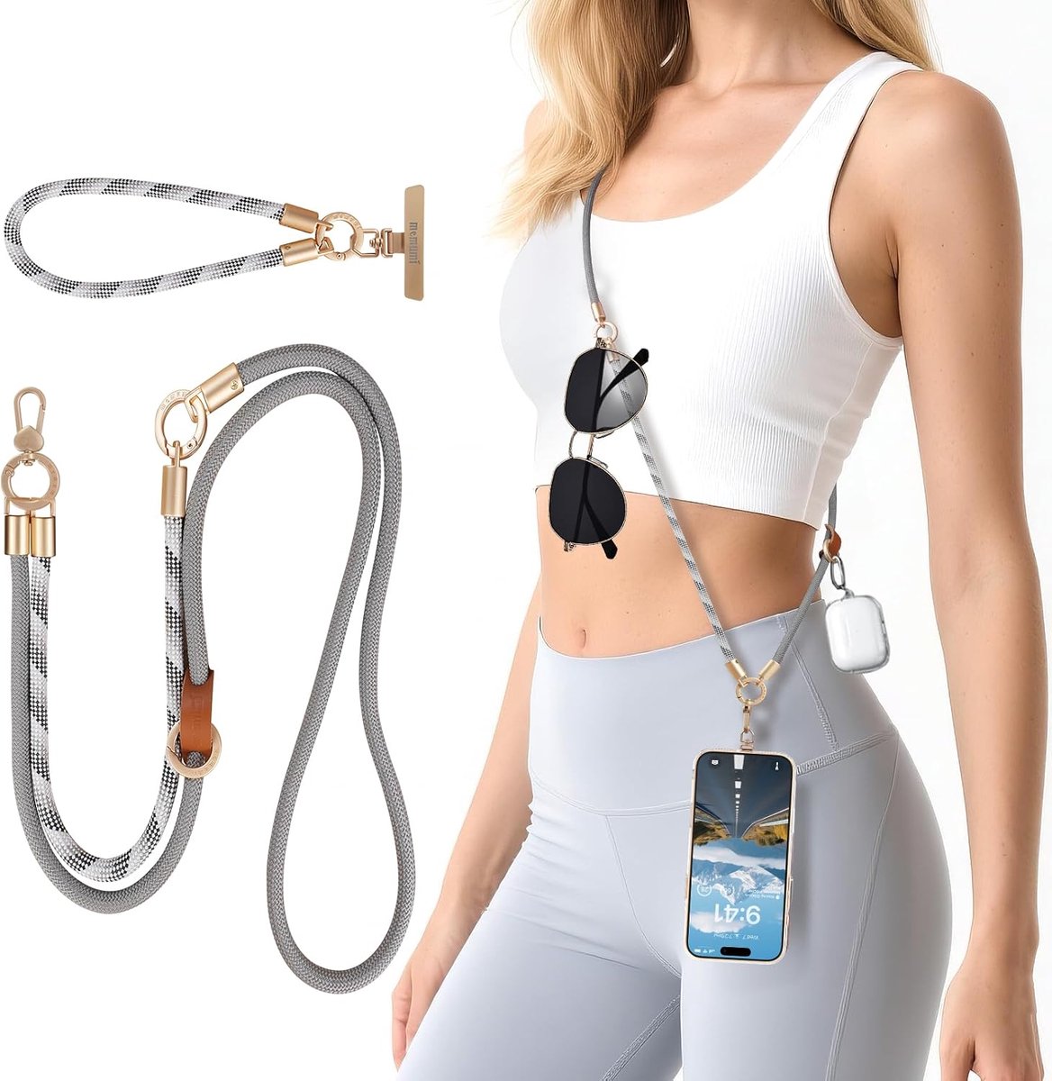 memumi 3-in-1 360° Draaibare Telefoonbandje voor Over de Schouder, Nek/Polsriem voor iPhone 17Pro Max/alle telefoons, Antidiefstalriem Telefoonkoord Grijs