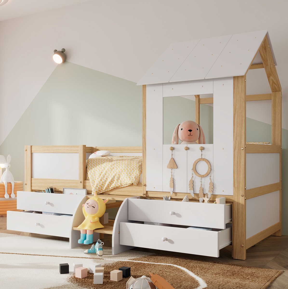 WUVRIE Halfhoogslaper 90x200 cm huisbed met dak, raam, 4 lades en trap voor kinderkamer, wit/naturel Wit en naturel