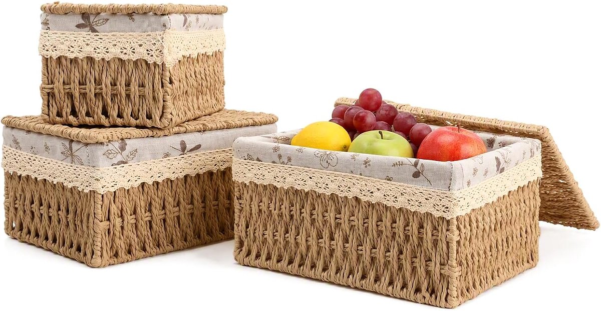 3 stuks opbergmanden met deksel en voering, rechthoekige gevlochten rieten mand voor planken, decoratieve opbergdoos voor slaapkamer, badkamer en babyspeelgoed, afstandsbedieningen