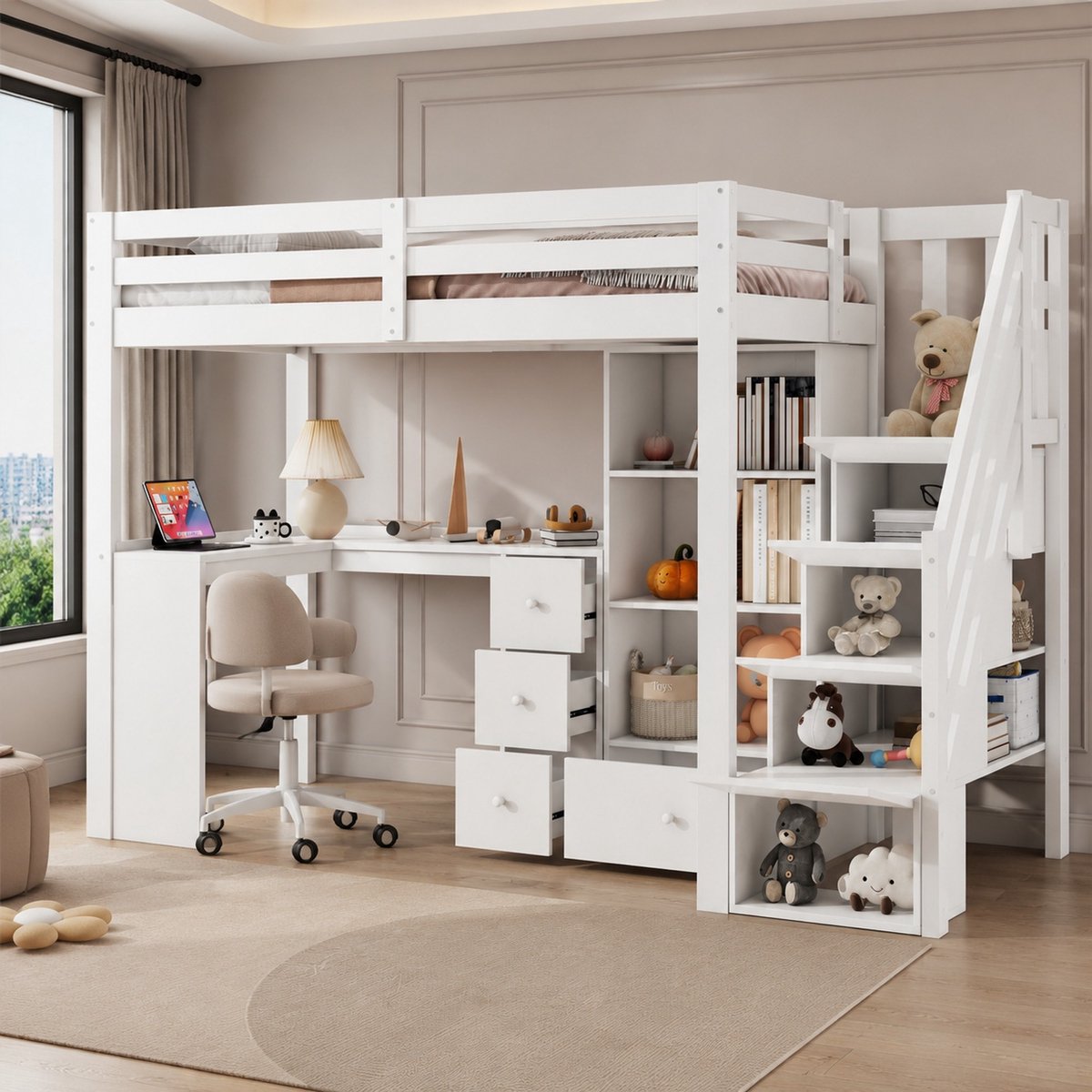 WUVRIE Hoogslaper 90x200 cm met bureau, opbergruimte, trap en uitvalbeveiliging, wit