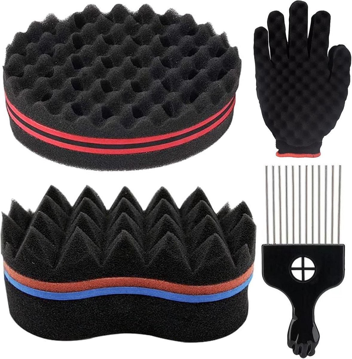 2 Stuks Haar Spons met Grote en Kleine Gaten, Ideaal voor Afro Krullen en Styling met Kam en Handschoenen