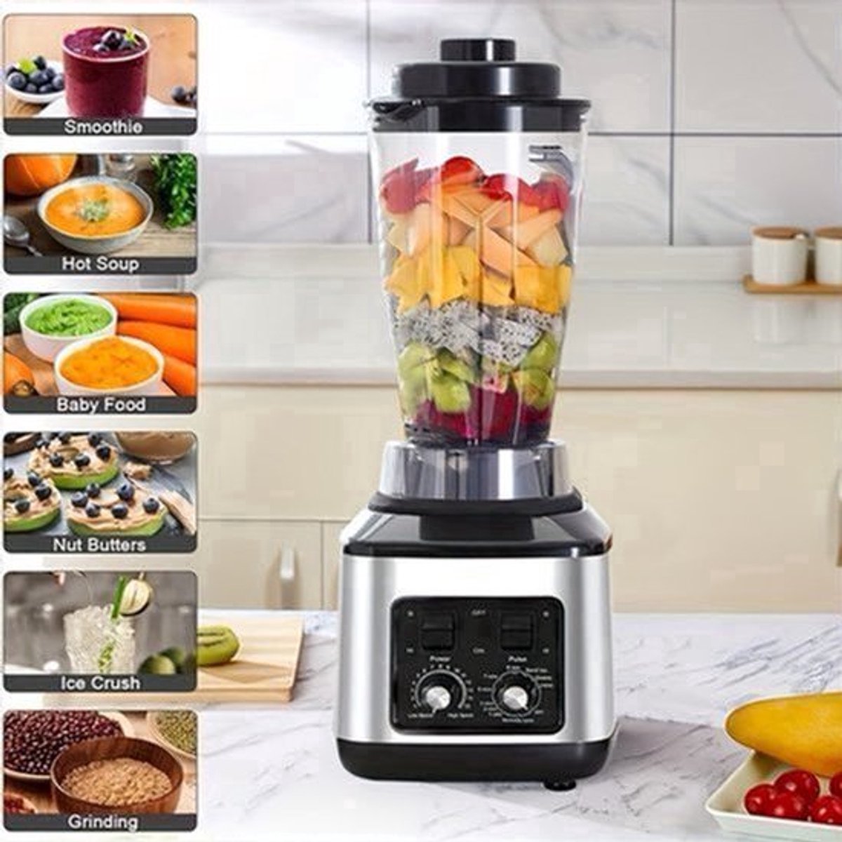 Multifunctionele Keukenmachine – Blender – Food Processor – Sapmaker – IJscrusher – Grote Inhoud 3L+1,5L+0,5L – Krachtige 9500W Motor – Stille Frequentie Technologie