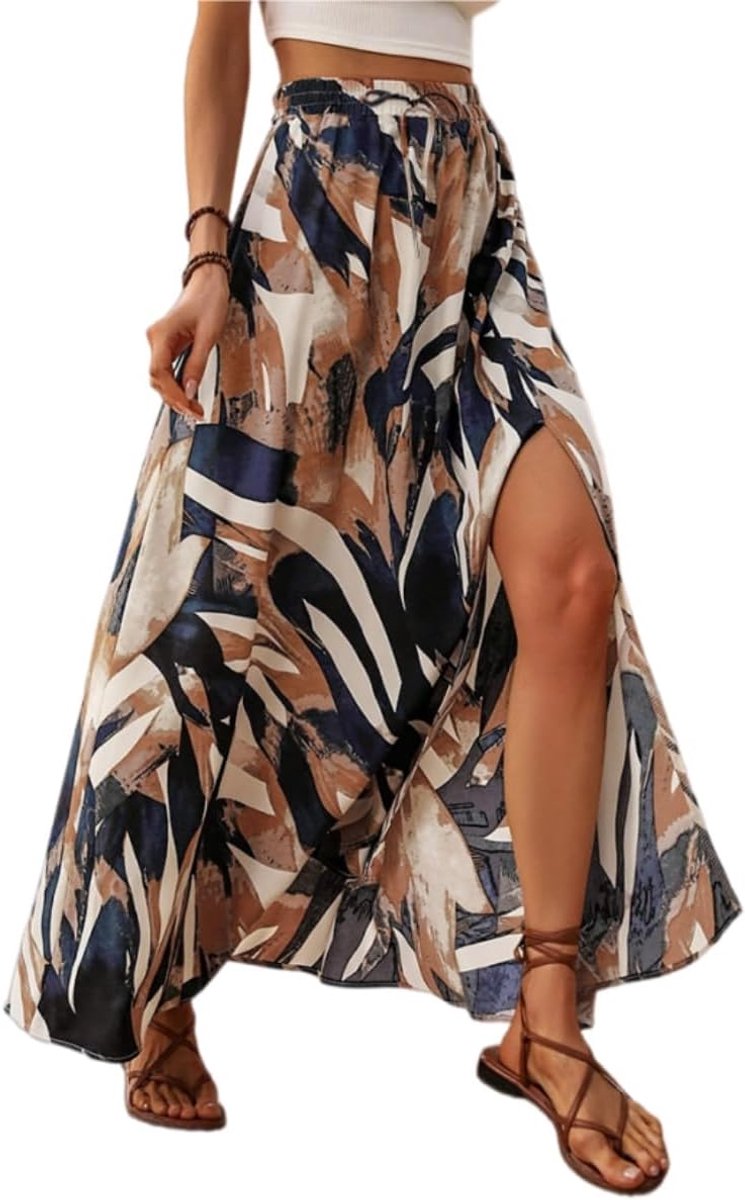 elegante rok voor dames, bedrukte maxirok, zomerrok met split, A-lijn, zomer, maxi-rok, elastische hoge taille, strandrok, vrijetijdsrok