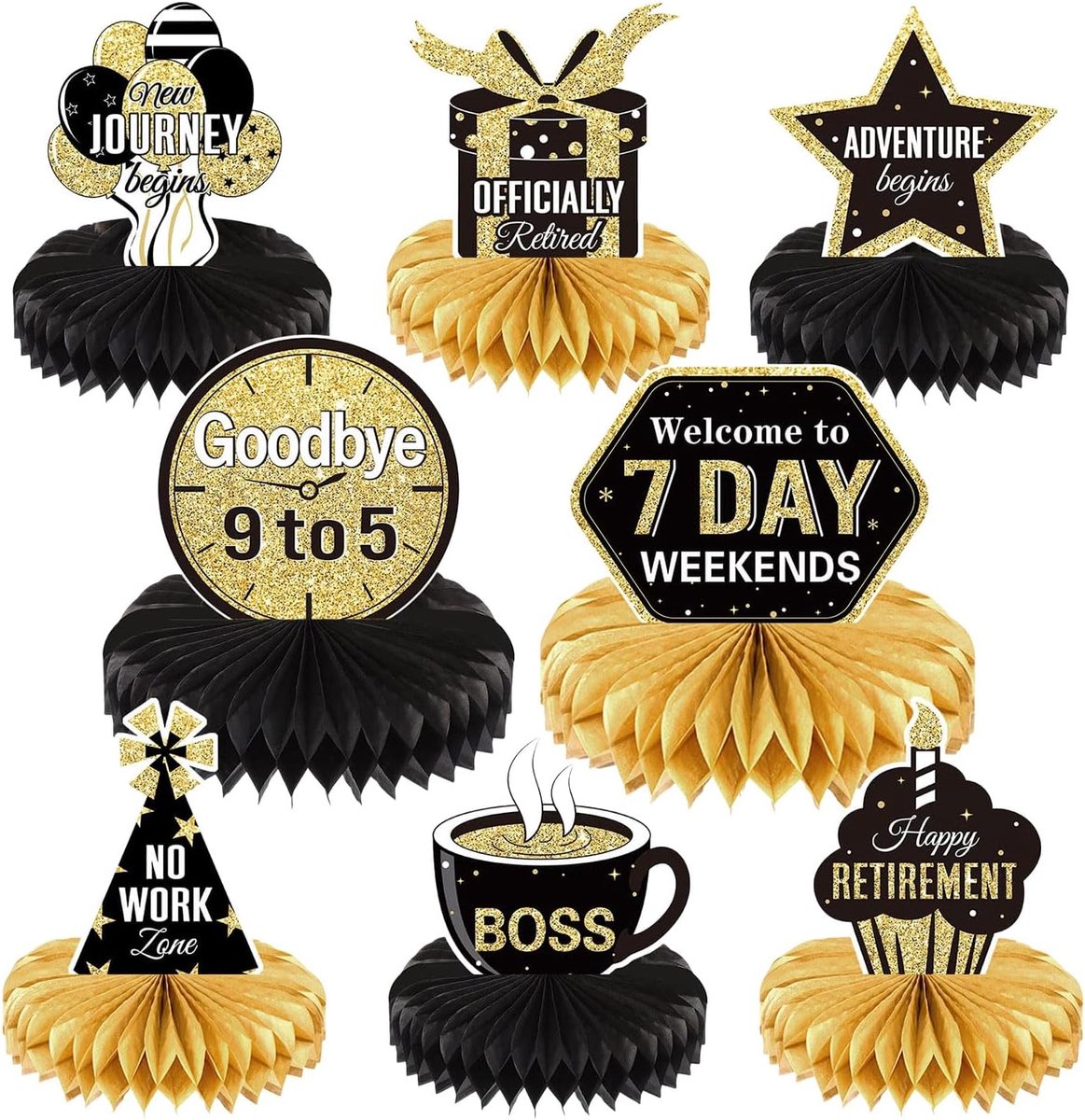 8 Stuks Decoraties Voor Pensioenfeest Goud En Zwart Officieel Gelukkige Pensioenfeest Honeycomb Versieringen Voor Mannen En Vrouwen