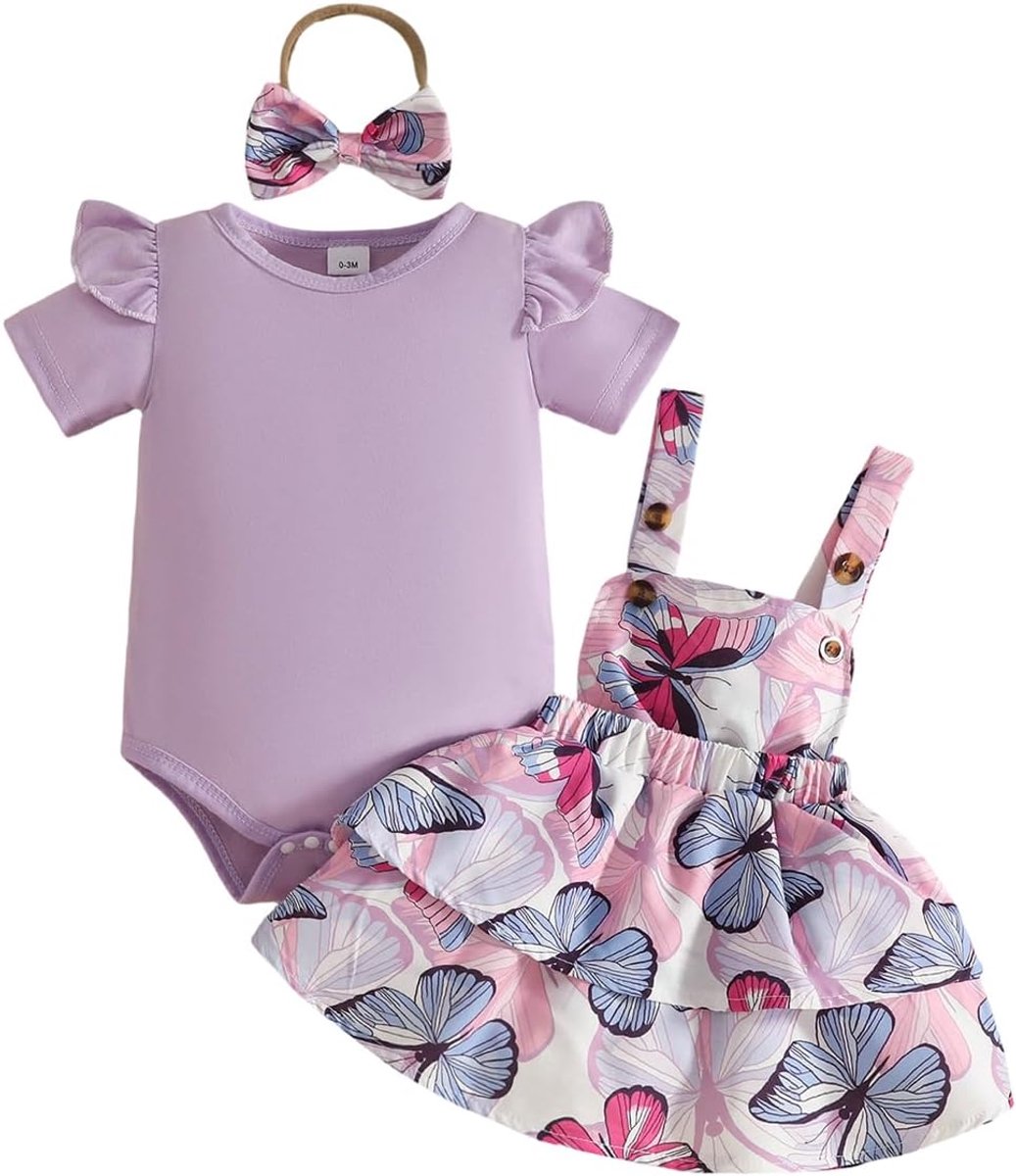 Zomer- en herfstkleding voor babymeisjes, schattige print, korte mouwen, top met dragerrok en hoofdband, 3-delige outfit voor pasgeborenen, set van 0-18 maanden