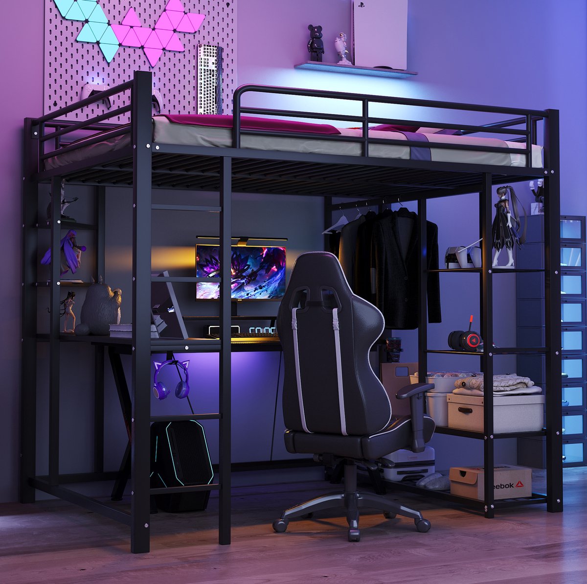 WUVRIE Hoogslaper 140x200 cm met bureau, kledingroede, legplanken en ladder, zwart