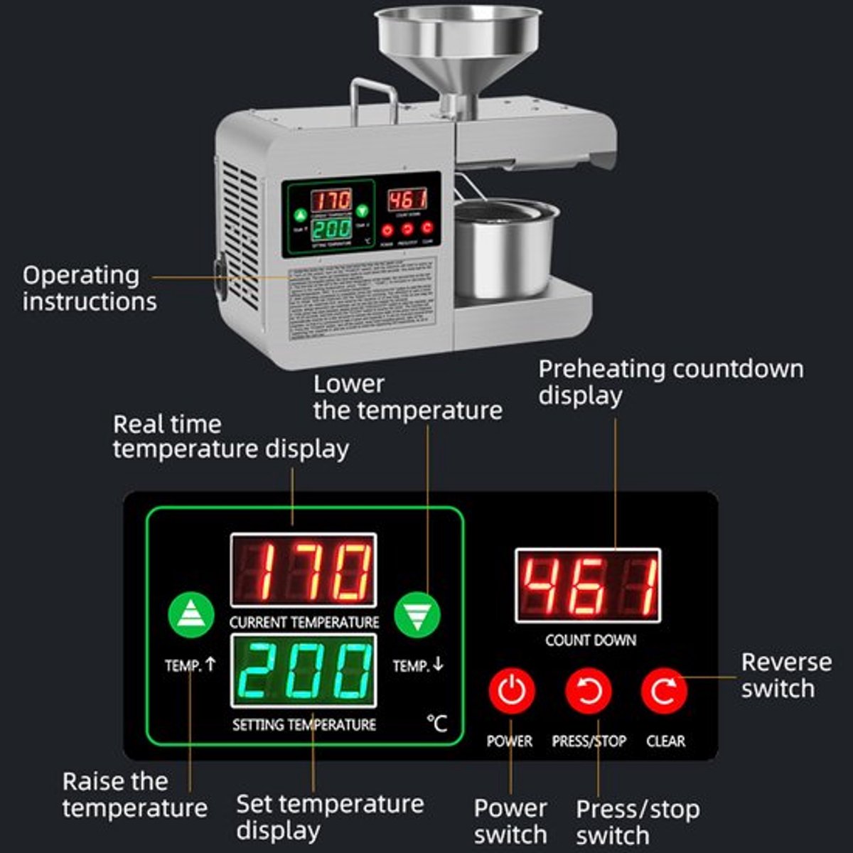 Oliepers Automatisch - X8S EU Stekker - 601-1000 W Vermogen - RVS Materiaal - Voor Huishoudelijk Gebruik