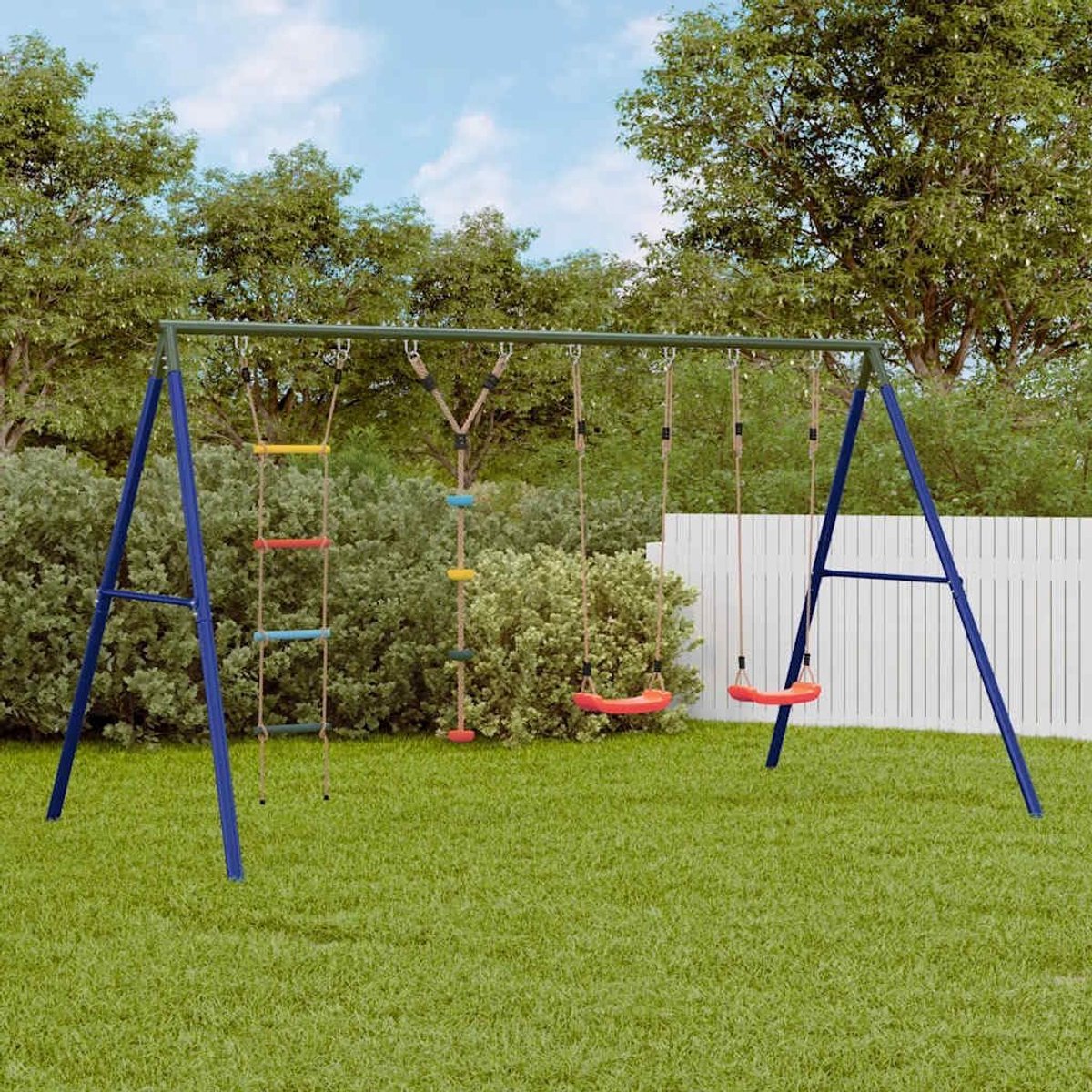 Schommelset voor de tuin met 2 schommelstoelen, gebreide ladder en klimschommel, stabiel stalen frame voor kinderen, meerkleurig
