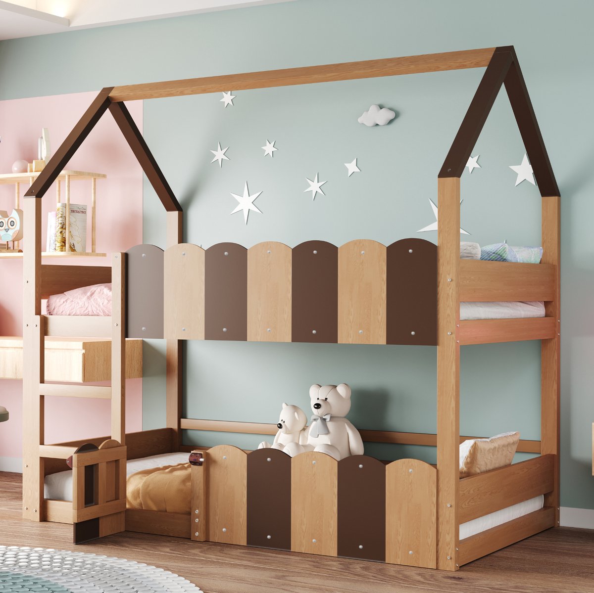 WUVRIE Kinderstapelbed 90x200 cm met huisdesign, ladder, veiligheidshekken en lattenbodem, naturel hout Houtkleur