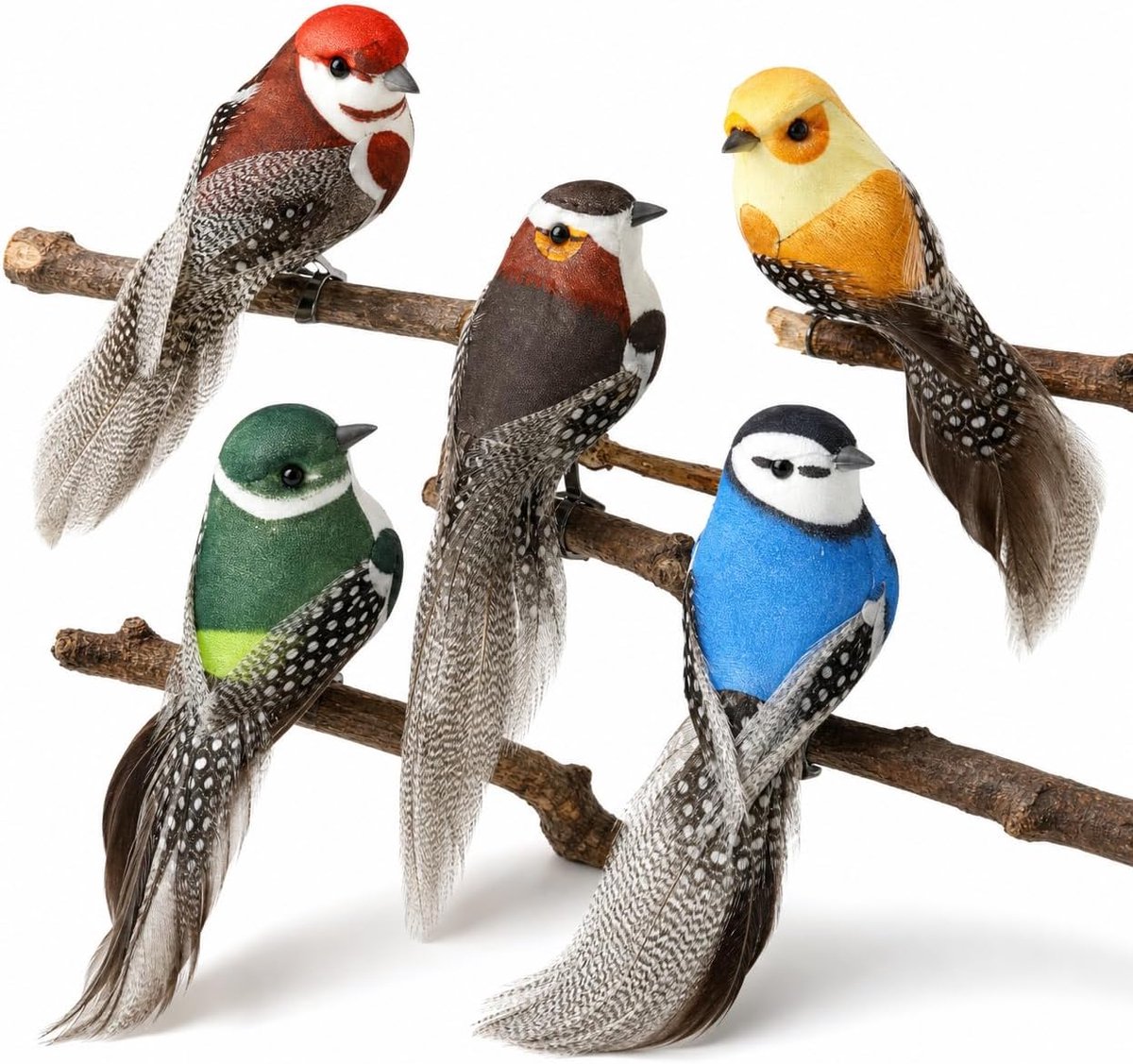 5 stuks realistische decoratieve vogels, kleine vogeldecoratie lente met clip, handgemaakte kleurrijke veren vogels voor binnen en buiten, decoratie voor buiten