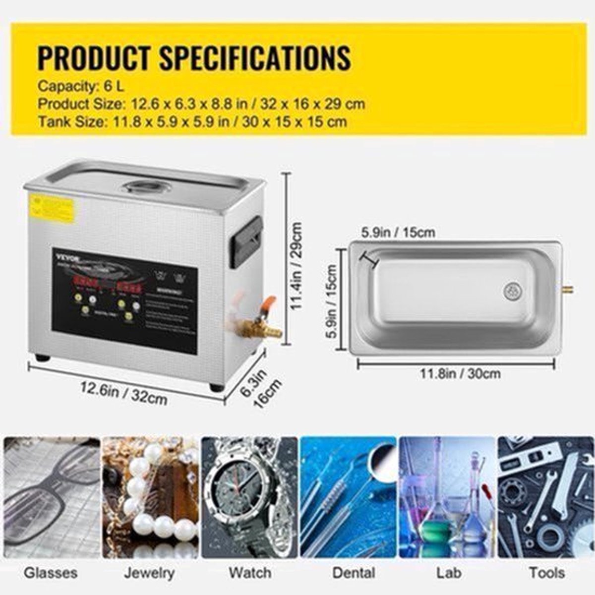 Ultrasoon reiniger - Draagbaar - Upgraded - Lave-Dishes - Reinigingsapparaat voor Sieraden en Brillen - RVS - Capaciteit 6L - Frequentie 40kHz - 220V - Zilver