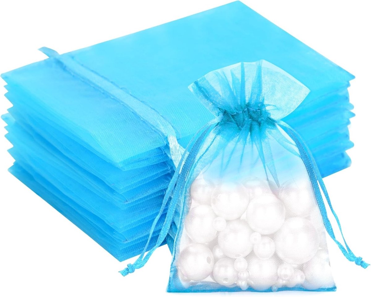 Lichtblauwe Organza Tassen 7 x 9 cm - Set van 50 - Kleine Cadeautassen, Trouwtasjes en Sieraadtassen met Trekkoord