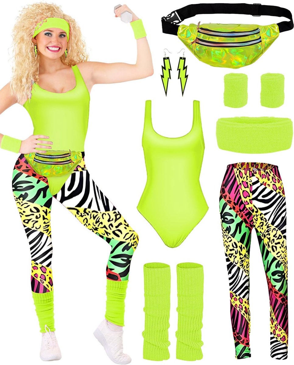 Kostuum jaren 80 sportkostuum dames turnpakje leggings hoofdband armbanden beenwarmers oorbellen Fanny Pack jaren 80 turnpak voor de jaren 80 en 90