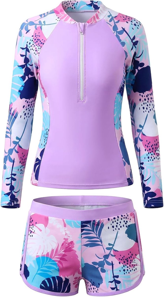 Zwempak Tweedelig Rashguard met Lange Mouwen en Voorgevormde Beha's Kinderzwempak met Zwemshort Sneldrogend Strand Surf en Zwemkleding met Bloemenprint voor Kinderen 5-14 Jaar