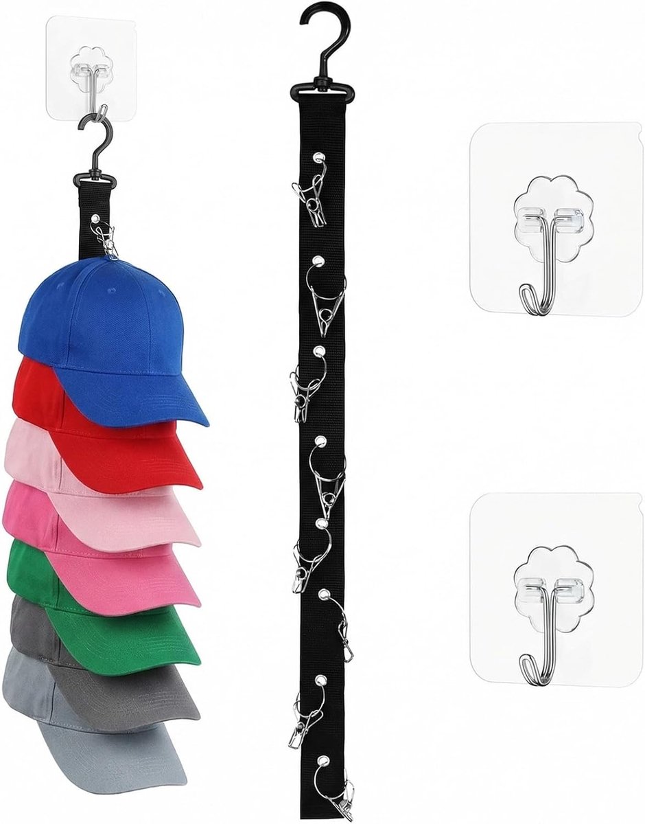 2 stuks kaphouders, hangend aan de muur, standaard voor baseballcaps met 16 metalen clips, kaporganizer, hoedhouder, ruimtebesparende opslag voor muur, kledingkast, slaapkamer