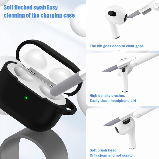 Hoesje voor Airpods 3e generatie 2021, zachte siliconen beschermhoes voor Apple Airpods 3 met zichtbare LED aan de voorkant met reinigingsset, Zwart — afbeelding 3