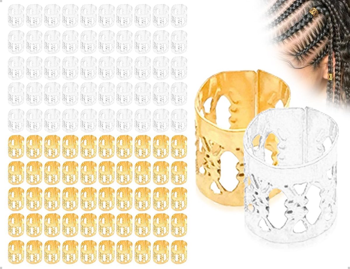 100 stuks dreadlocks, verstelbare metalen manchetten, haaraccessoires, spiraalhaarclips, vlechtaccessoires, voor mannen, vrouwen, meisjes en jongens (goud en zilver)