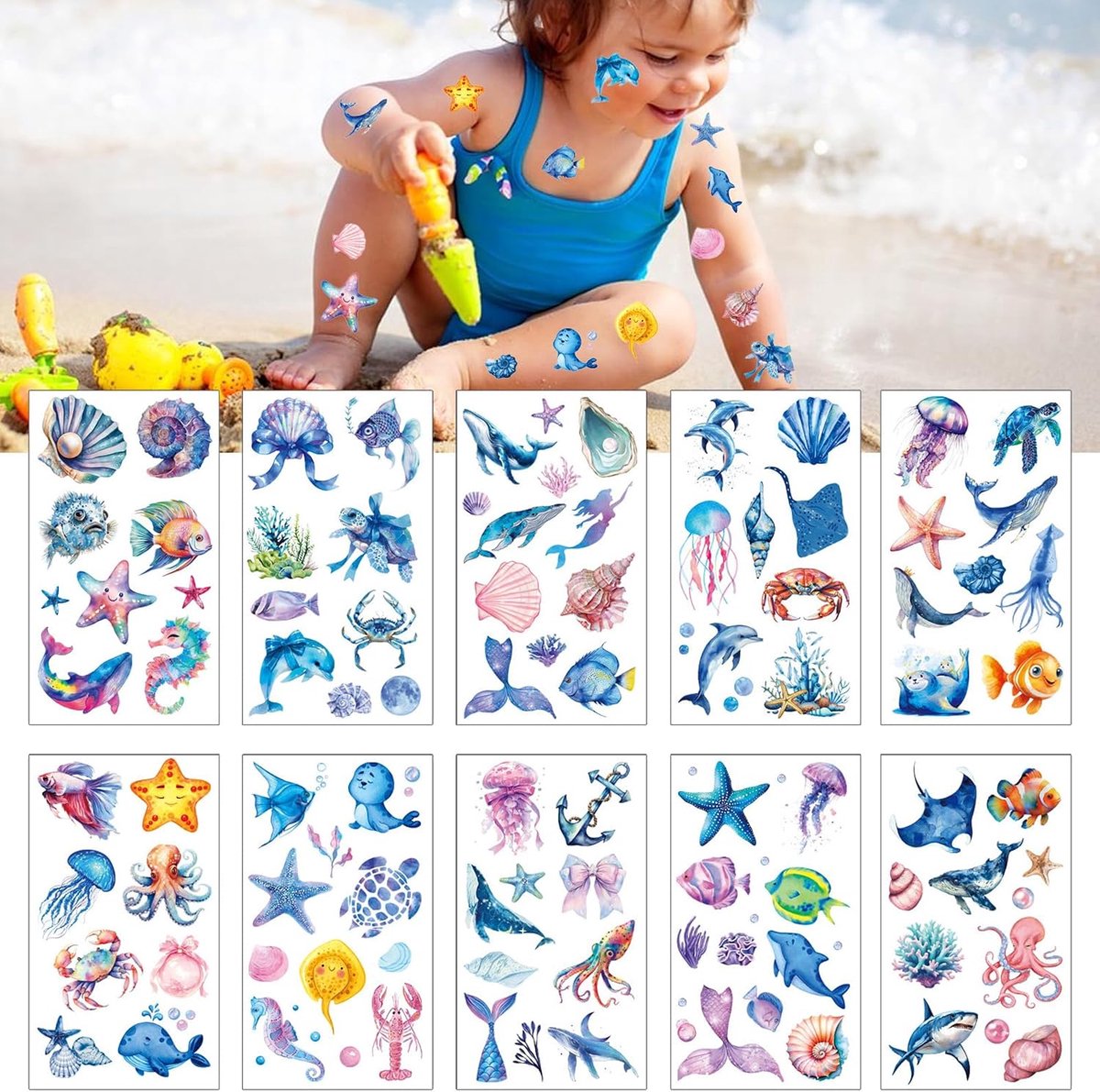Tijdelijke tatoeages, zeedieren, oceaan, nep-tatoeages, zeeleven, onderwatertatoeages om op te plakken, voor jongens en meisjes, oceaan, verjaardagsfeest, geschenken, cadeautje