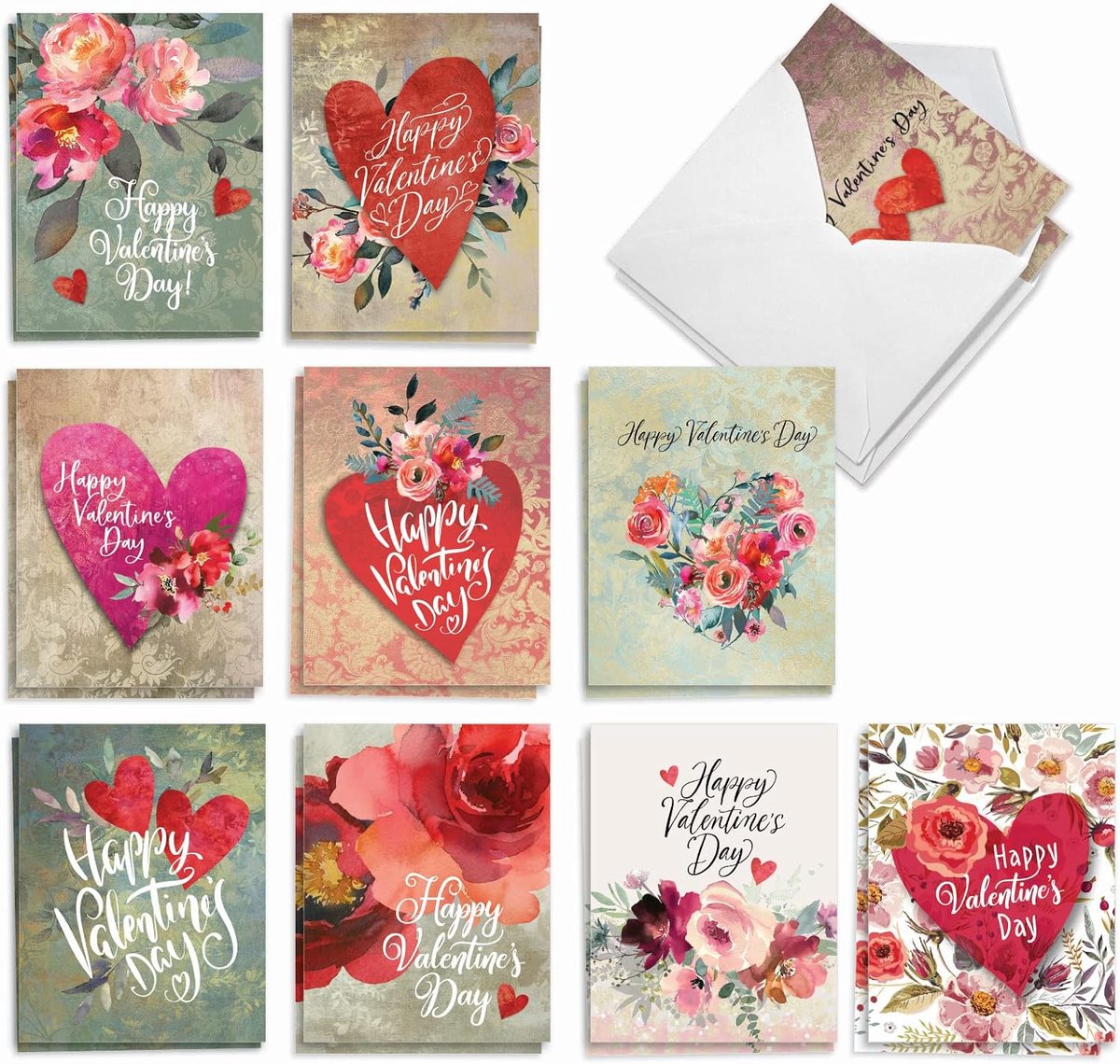 Best Card Company 20 verschillende Valentijnsdag notitiekaarten Bulk Box Set 10 x 13,3 cm met enveloppen (10 ontwerpen, 2 elke) harten en bloemen AM10413VDG-B2x10