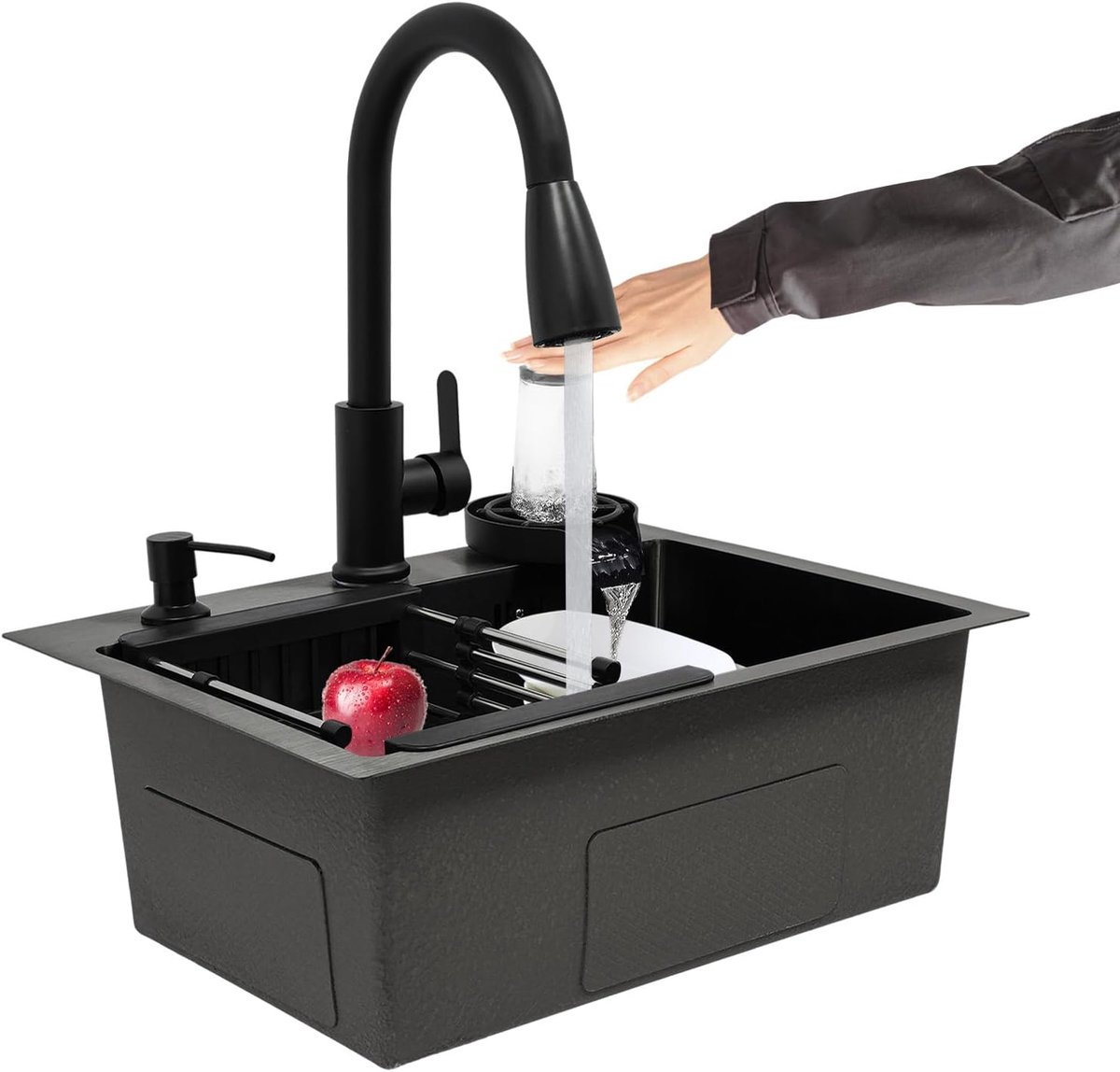 Keuken, vierkante roestvrijstalen spoelbak set zwart, onderbouw met 360° kraan, afdruipmand, incl. zeepdispenser en kopjeswasser voor keuken, 50x40 cm