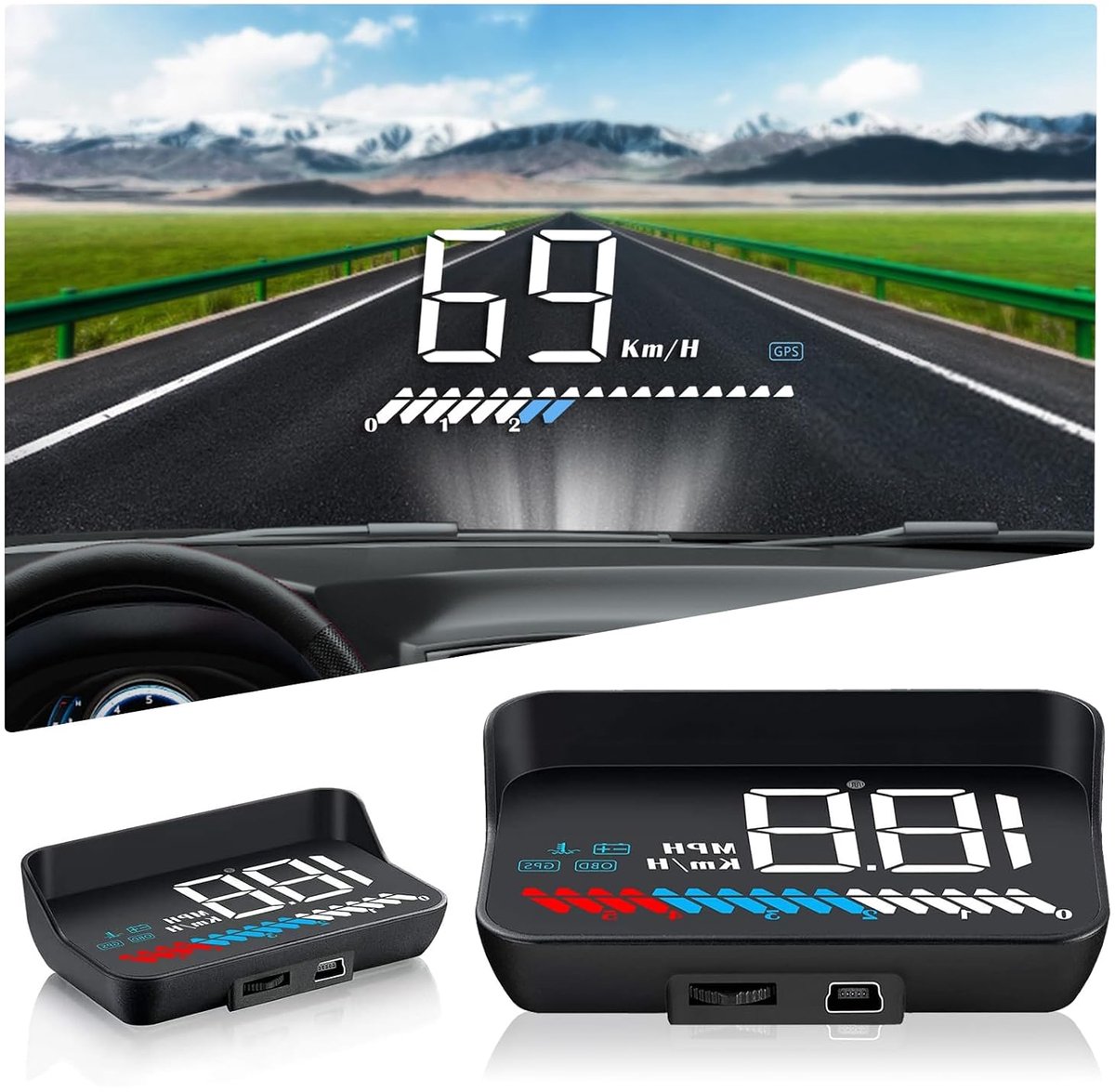 HUD Display OBD2& HUD Display GPS Dubbel Systeem, Voertuigsnelheidsmeter Auto Tachometer Water Temperatuur Meter Motor Snelheidsalarm van toepassing op alle Voertuigen