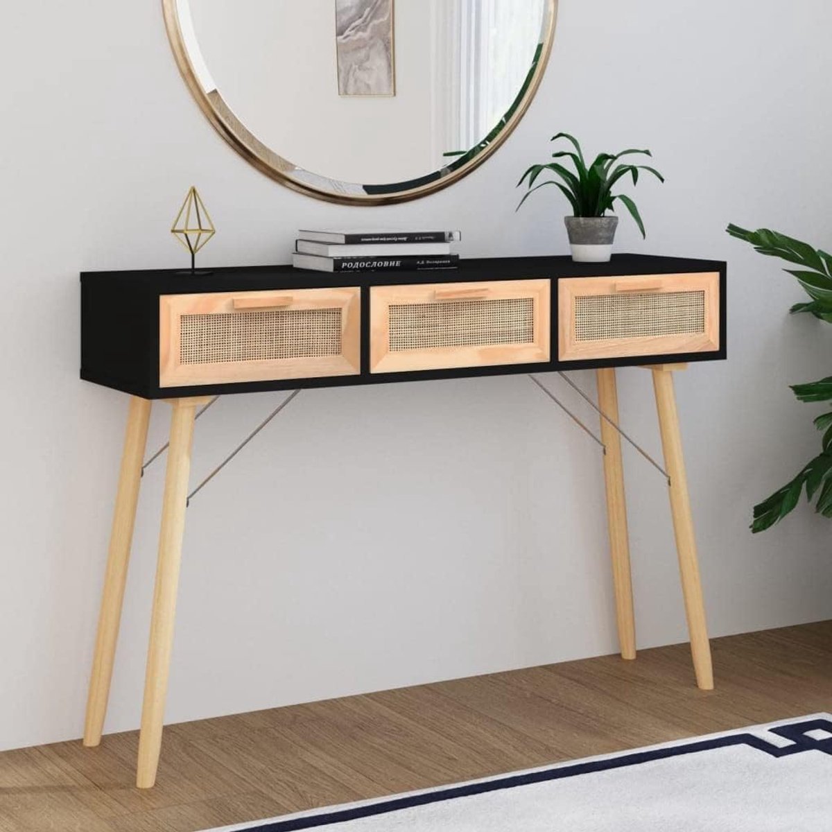 Consoletafel zwart 105 x 30 x 75 cm met 3 laden en massief houten poten, tafel woonkamertafel van hout en natuurlijk rotan voor praktische opbergruimte