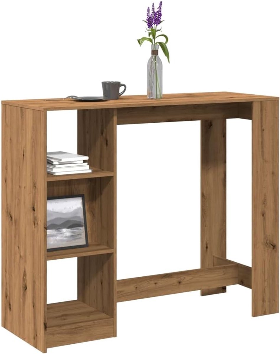 Bartafel met rek, Artisan eiken, 124 x 46 x 103,5 cm, houtmateriaal, 4 vakken, opbergruimte voor flessen, wijn, boeken, hoge tafel, keuken, woonkamer, eetkamer, duurzaam