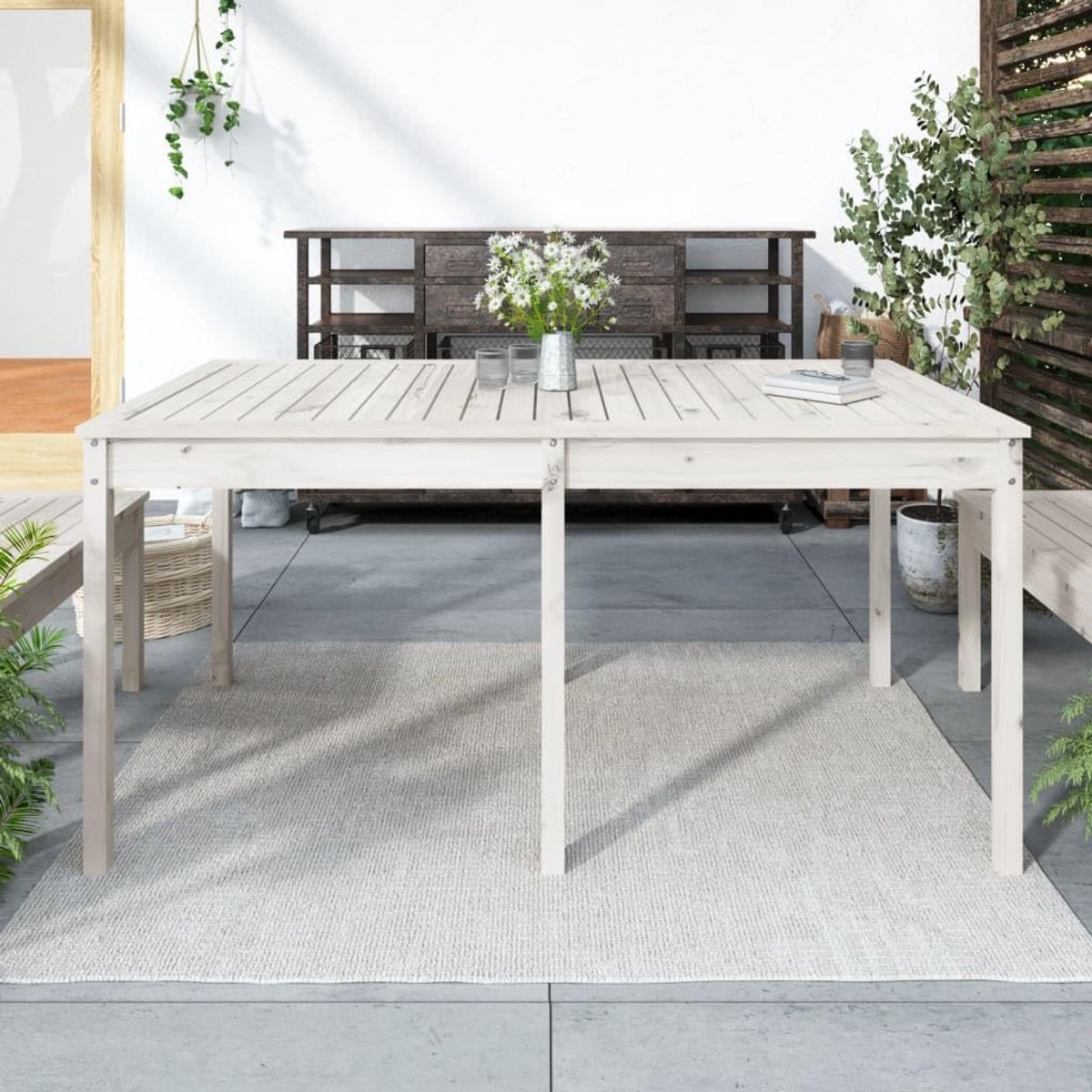 Wit, 159,5 x 82,5 x 76 cm, massief grenen, patiotafel, loungetafel, outdoor, eettafel, voor tuinen, terrassen, balkons, wit
