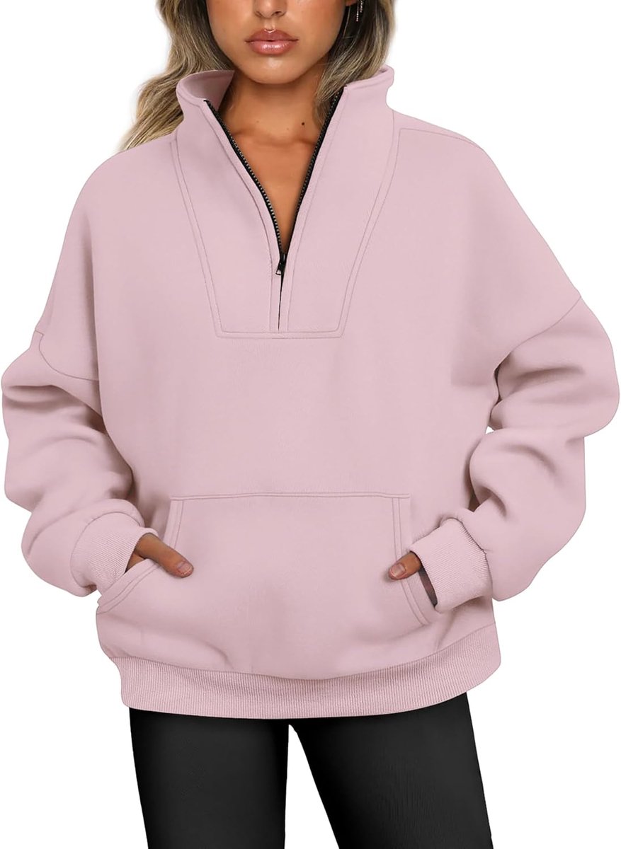 Damestrui met halve rits, met fleece gevoerd, herfst, ritssluiting, opstaande kraag, oversized sweatshirt zonder capuchon