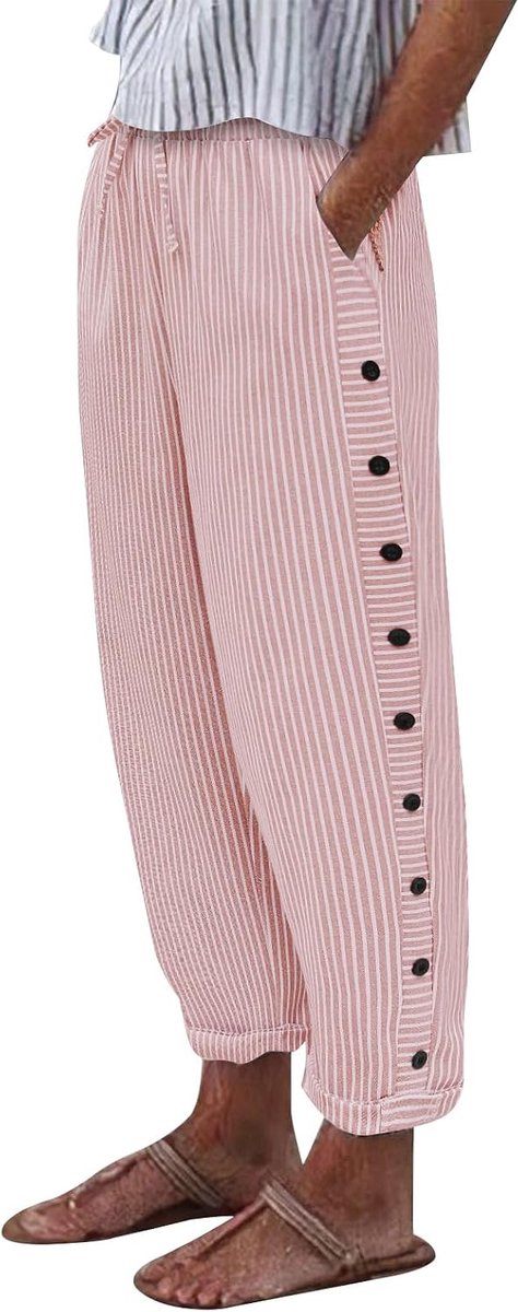 Zomerbroek voor dames met knoop aan de zijkant, elastische tailleband, katoenen broek voor dames, zomer, casual, met zakken en trekkoord, lichte palazzobroek voor op vakantie
