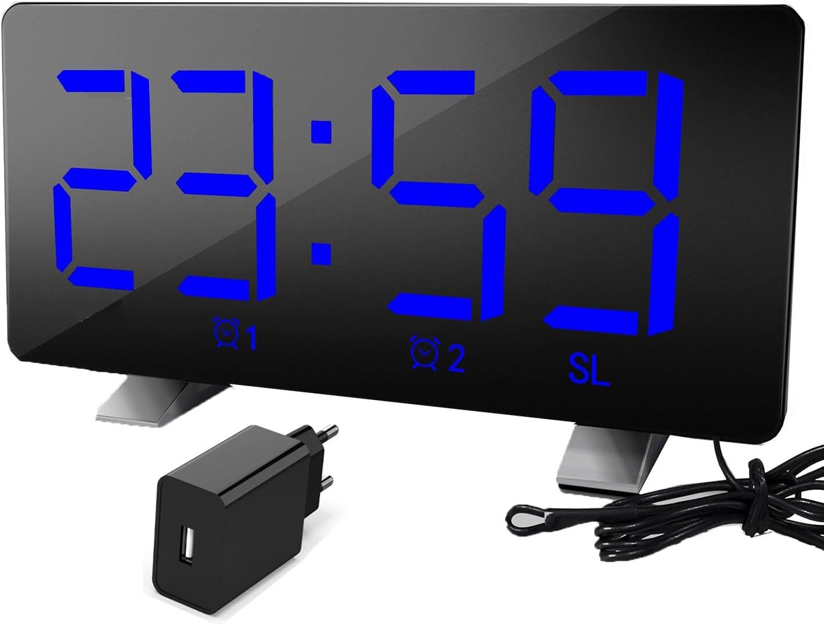 wekkerradio voor slaapkamer, instelbare helderheid en volume, sluimerfunctie, twee alarmtonen, USB-oplaadpoort, 12/24-uurs modus, geleverd met stekker