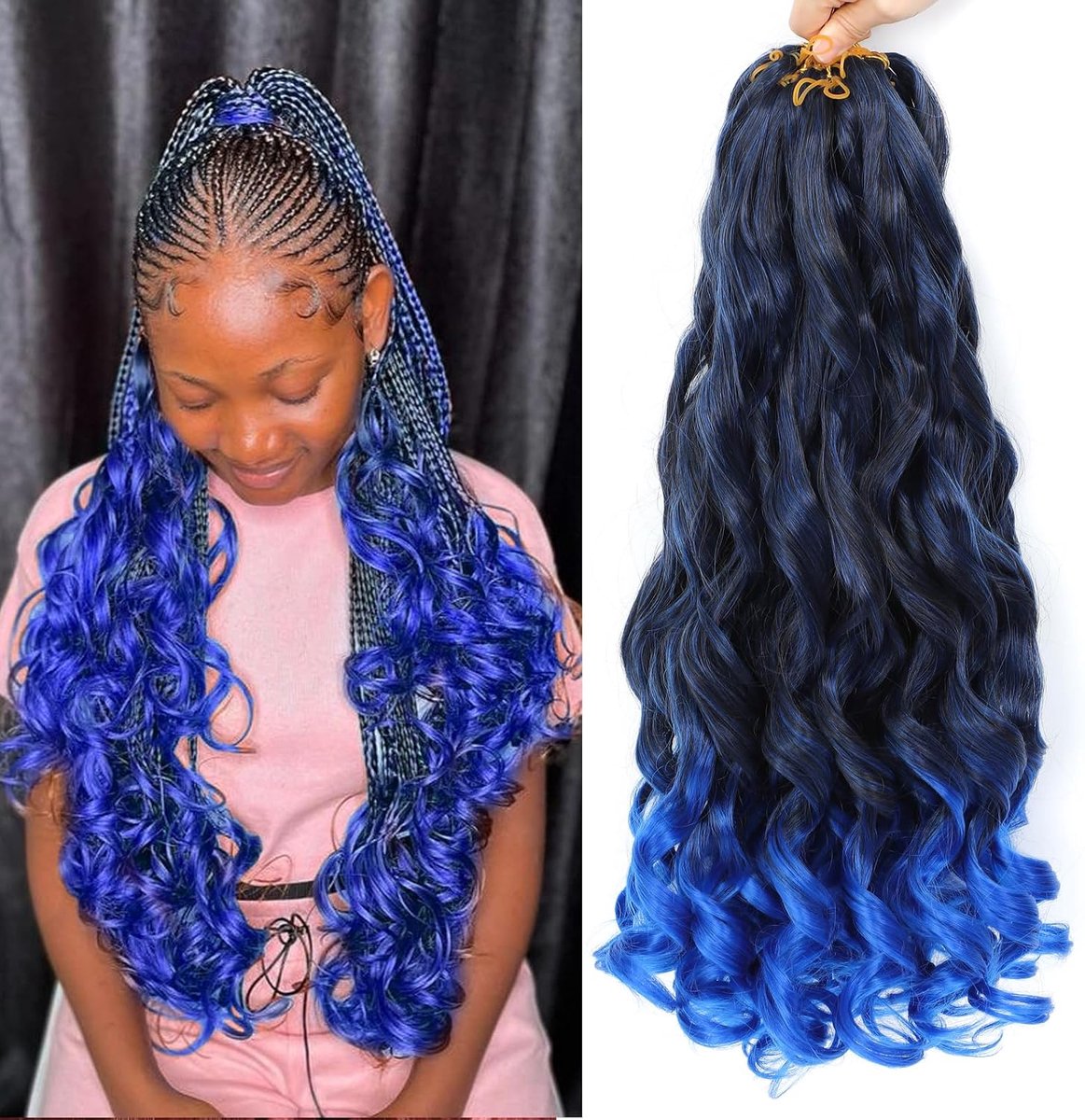 Curl Braiding Hair 24 Inch 8 Packs Loose Wavy Braiding Hair Pre Stretched 1B/Blue 75g/Pack Curly Crochet Hair Extensions for Black Women (24 Inch,1B/Blue)