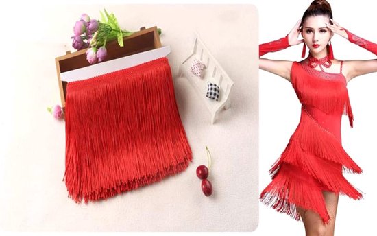 Dansband, 15 cm x 1 m, zijden franjes, kwastje om te naaien, knutselen, kleding, lingerie, kostuums, gordijnen, decoratie, rood A — afbeelding 2