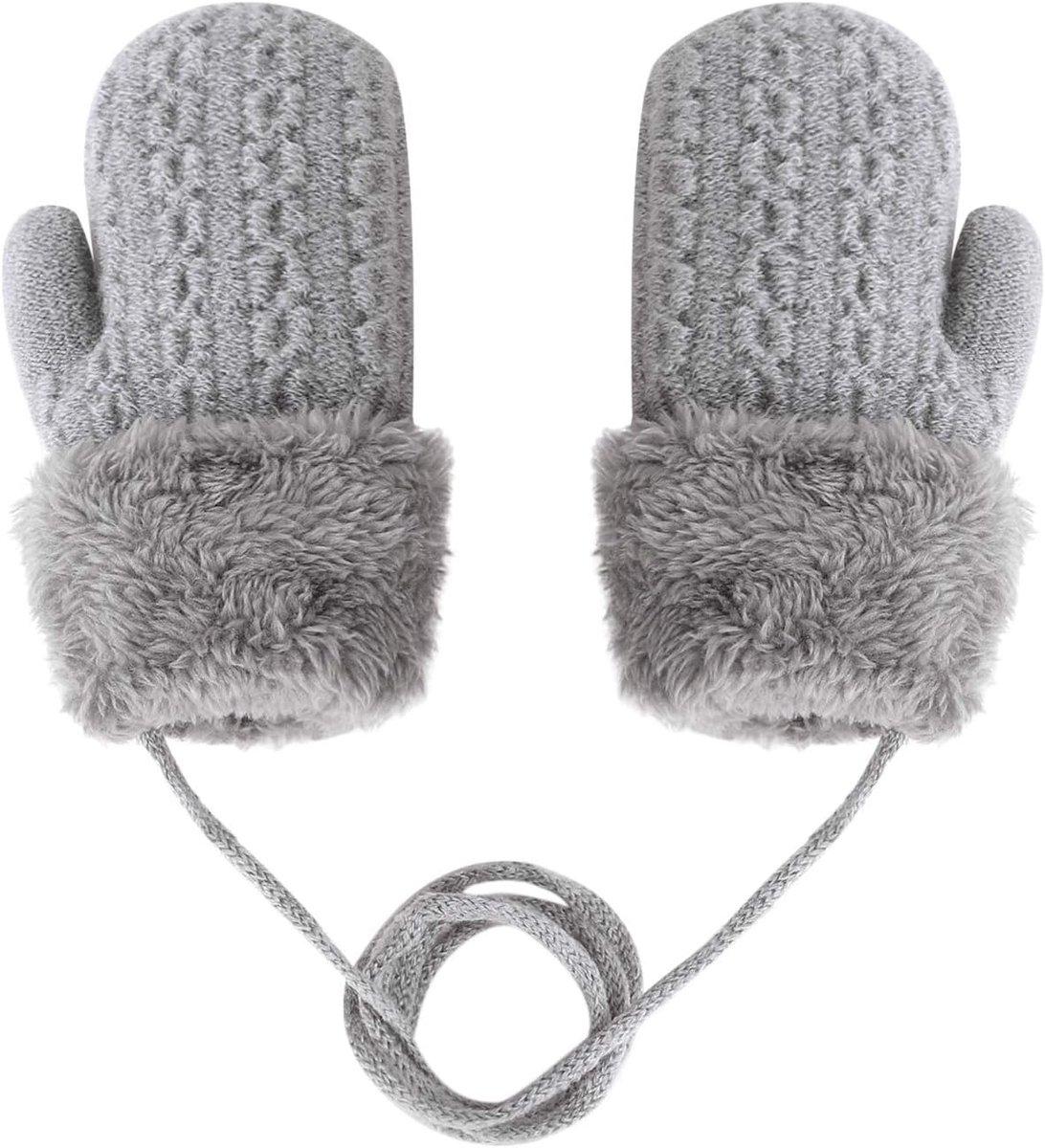 Wanten voor baby's en peuters, gebreide handschoenen voor 1, 2, 3, 4, 5, 6 jaar, jongens en meisjes, winter, warme gebreide handschoenen met koord, fleece binnenvoering, grijs-effen