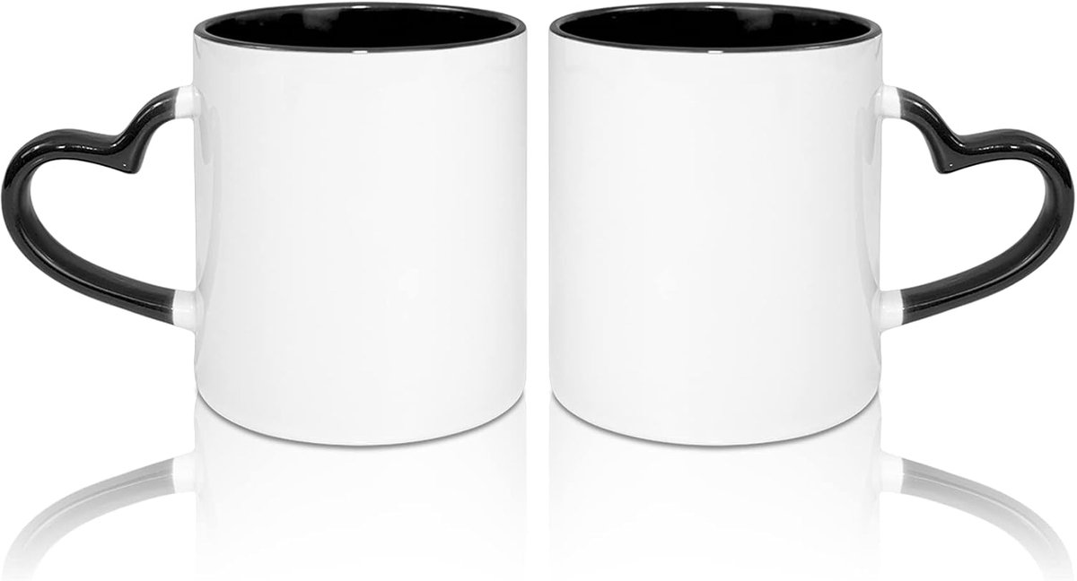 Mokken, kop blanco witte mok beker met zwarte kleur mok binnenkant en hart handvat, set van 2